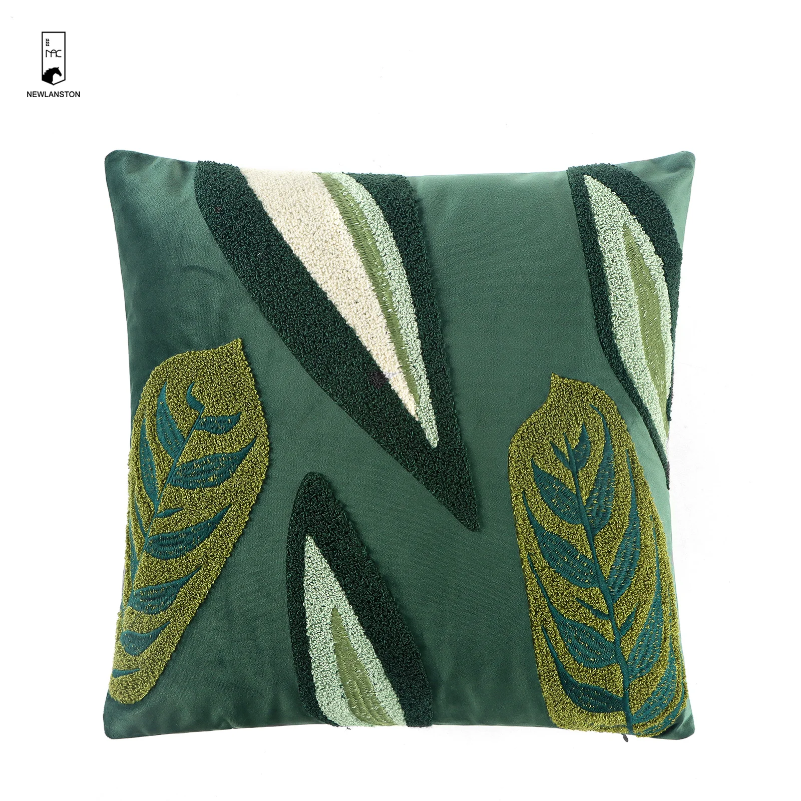 18*18 inch Custom High Quality Green Velvet Towel Embroidery Leaf Pillowcase For Home Decor