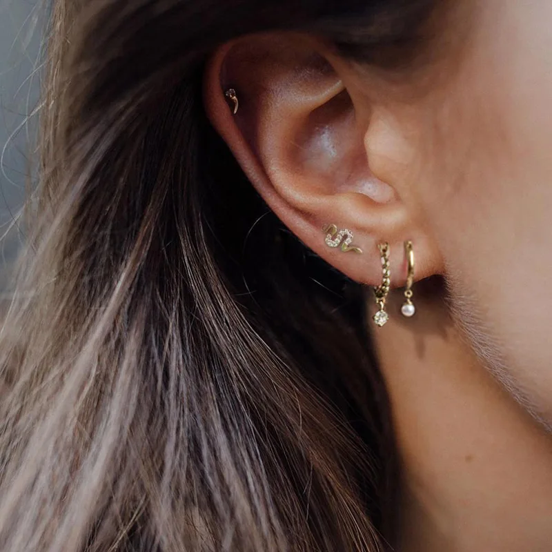 European Style Interest 925 Sterling Silver Snake Stud Earring 18k Gold Plated CZ Inlaid Women Earrings Jewelry