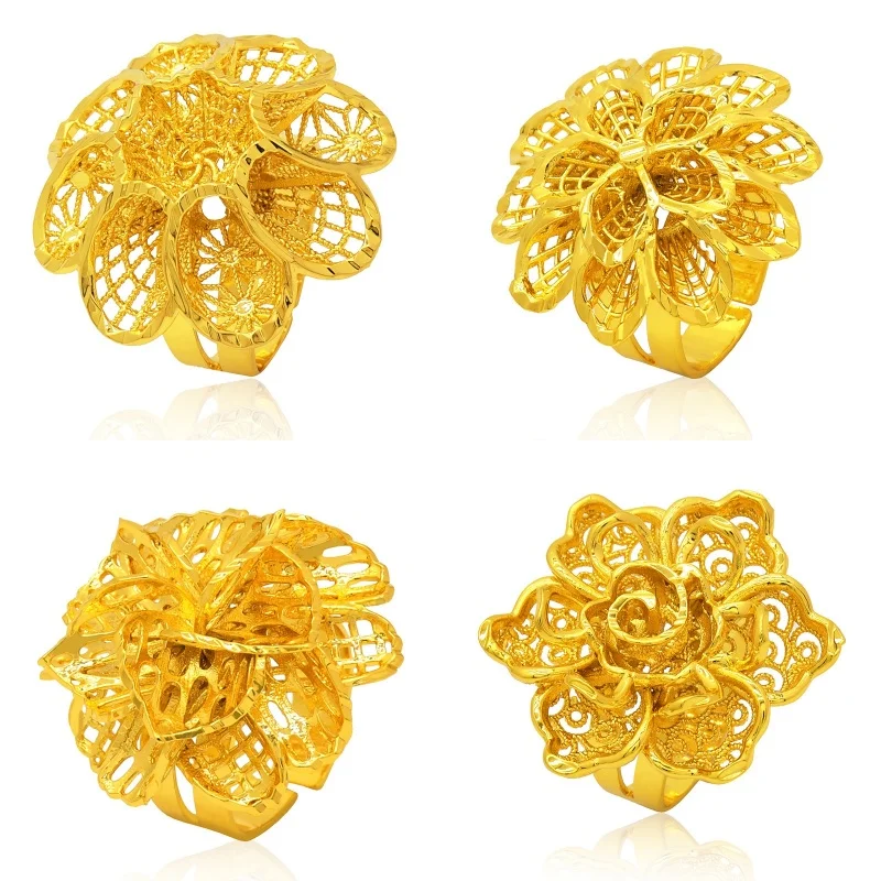 Dubai Ethiopia Gold Color Jewelry 24k Rings For Women Geometric Finger Ring Bijoux Female Wedding Banquet Party Gifts