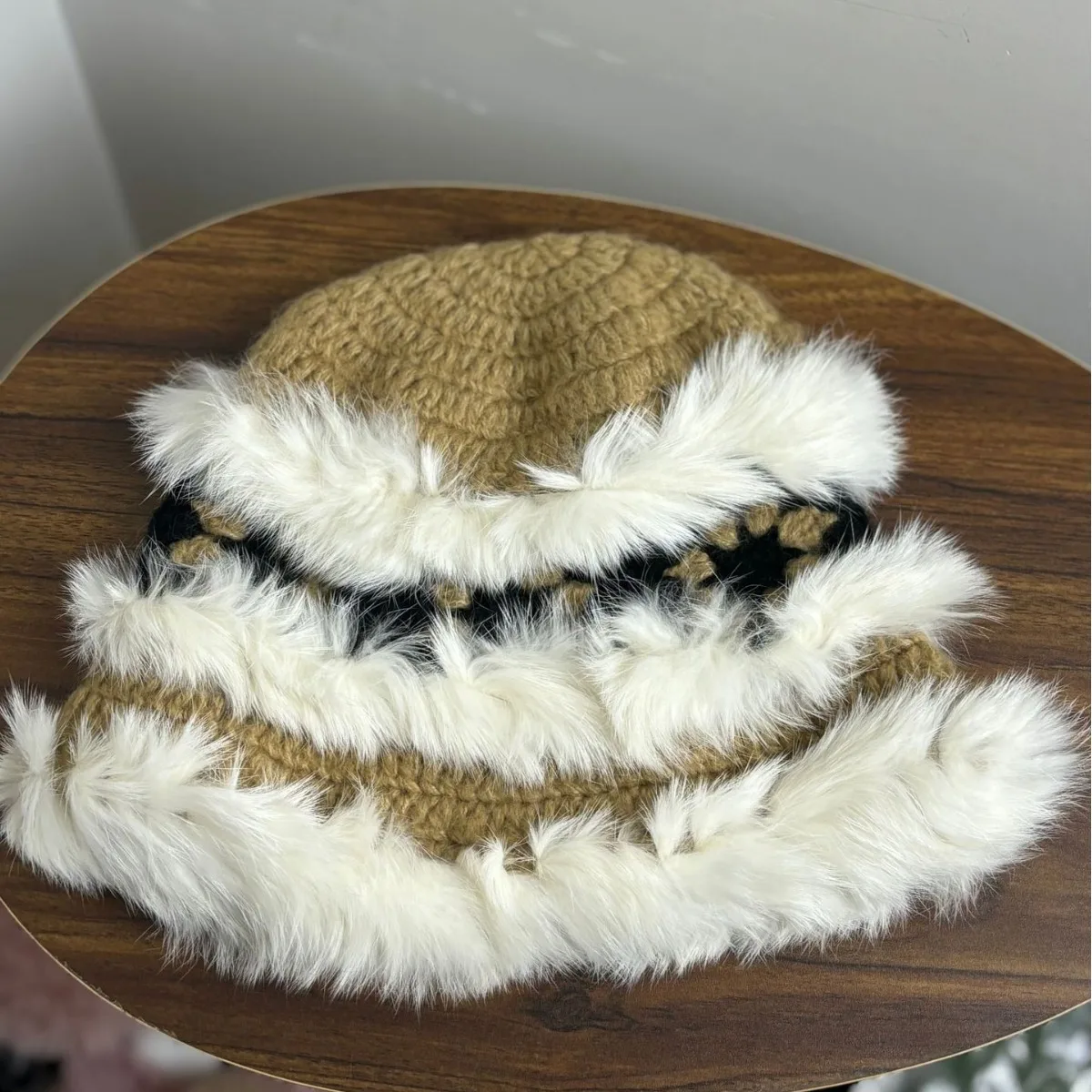 Wholesale Rabbit Fur Knit Lion Design Fisherman Caps Autumn Winter Plush Warm Tiger Head Crochet Bucket Hat Knitted Fluffy