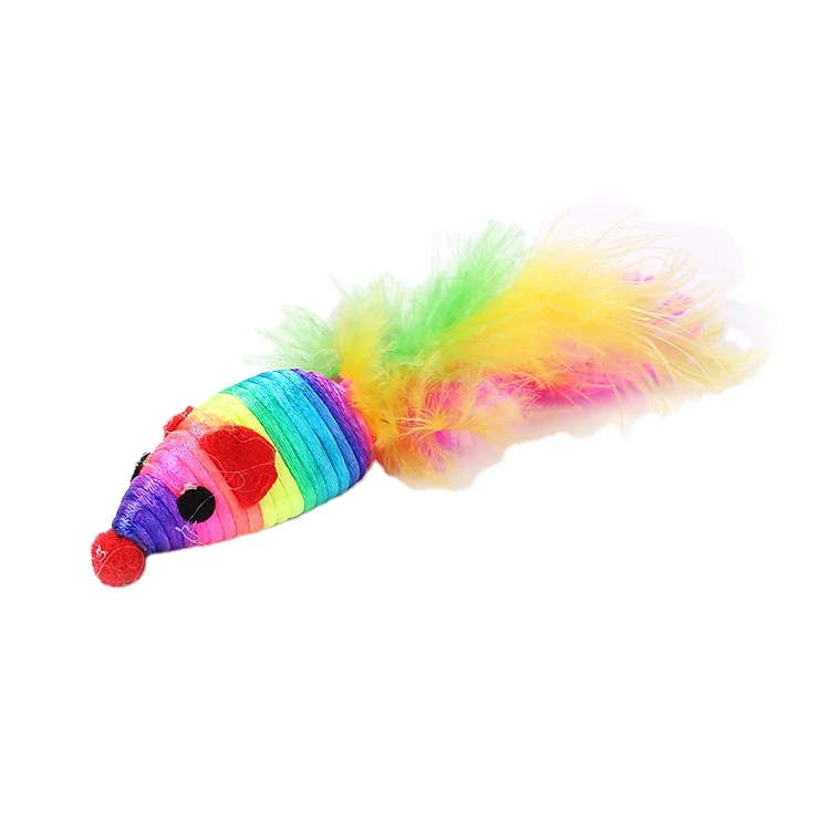 New Cute Small Mouse Wire Wrapping Rat Scratching Cat Toy With Colorful Feather