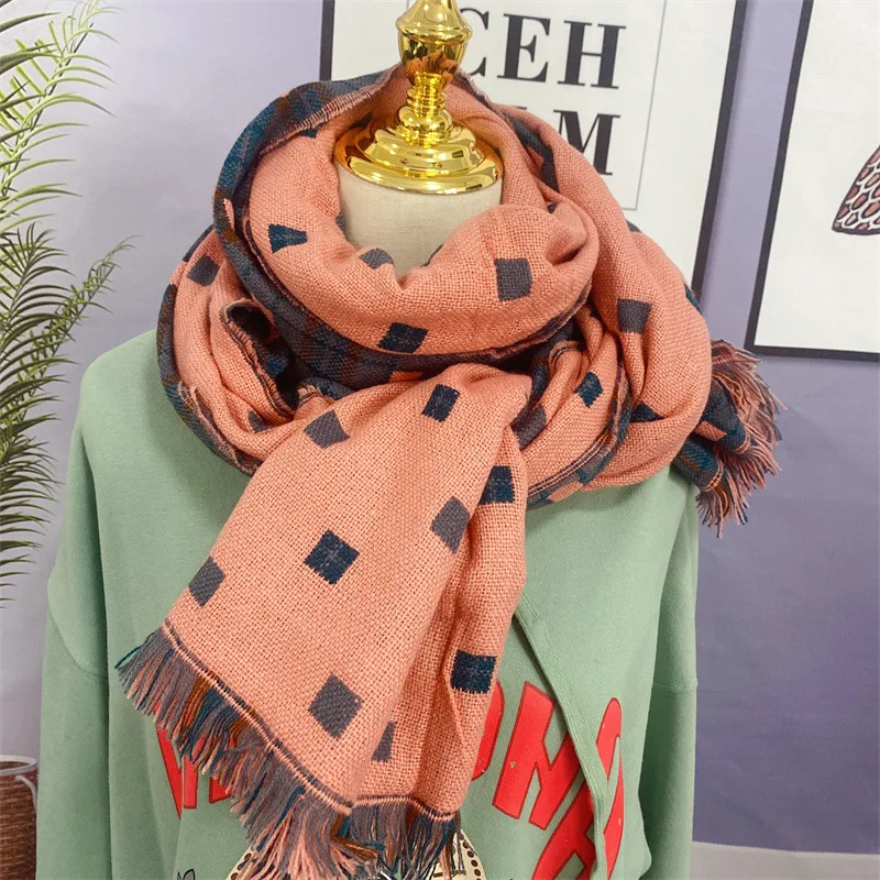 Fashion Print Double-sided Tassel Shawl Scarf Christmas Women Winter Warm Gifts Long Plaid Neck Scarf
