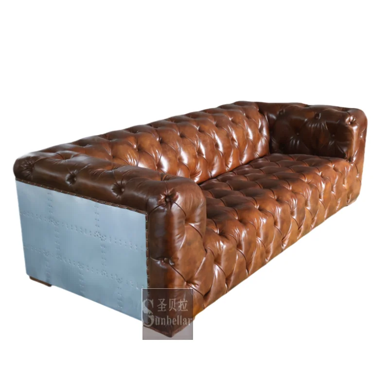 customized aviation furniture sofa tufted brown leather fully buttons Aluminium back loft industrial retro chesterfield sofa