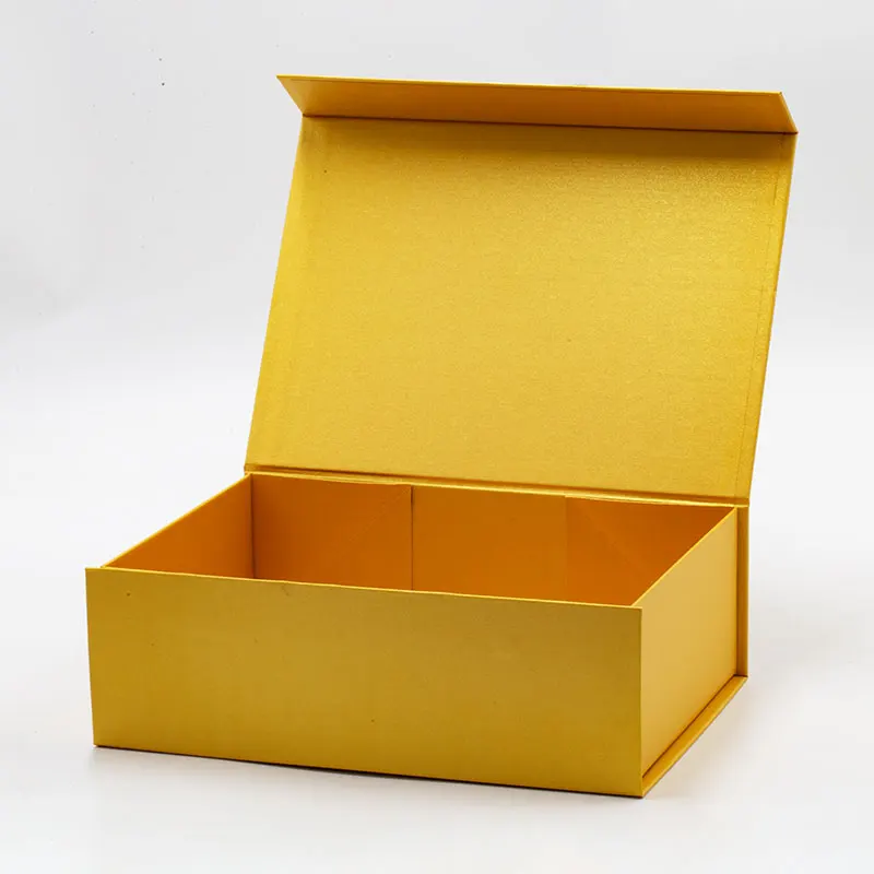 Golden art paper folding flip top cardboard gift box packaging idea with magnetic lid