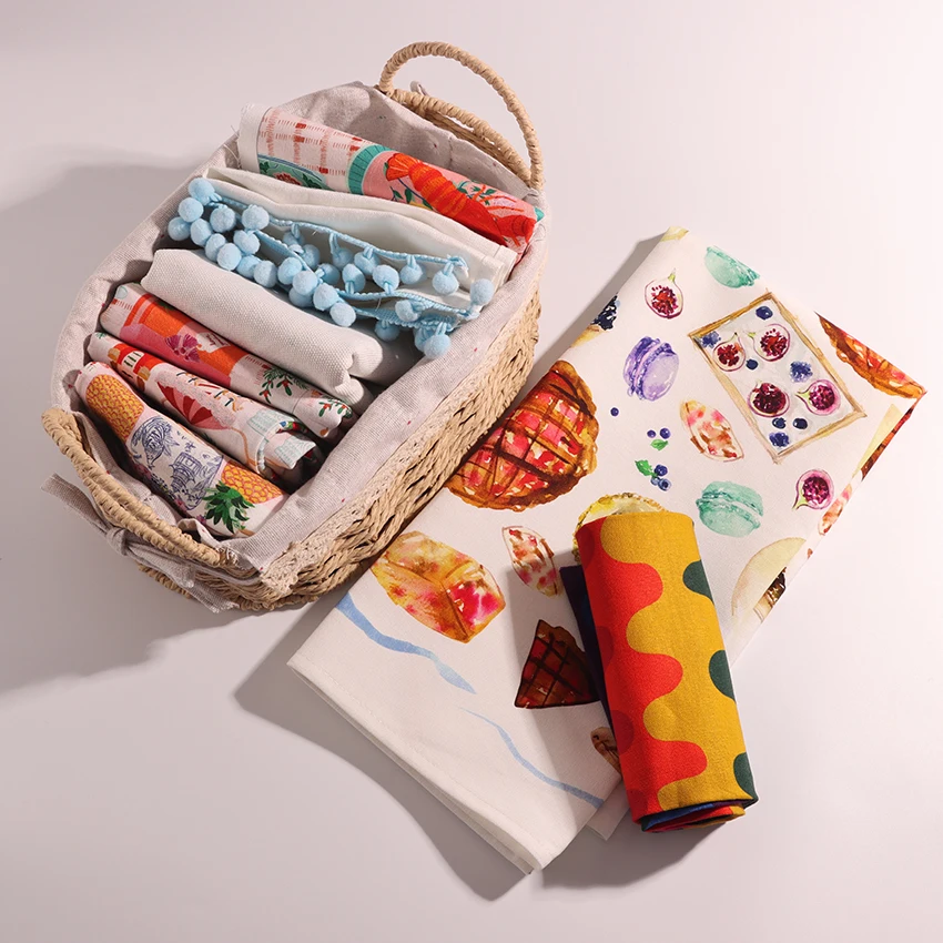 HOSHOM Newest High Quality Cotton Kitchen Towel Dish Cleaning Cloth Microfiber Absorbent Bright Colorful Printed Tea Towel