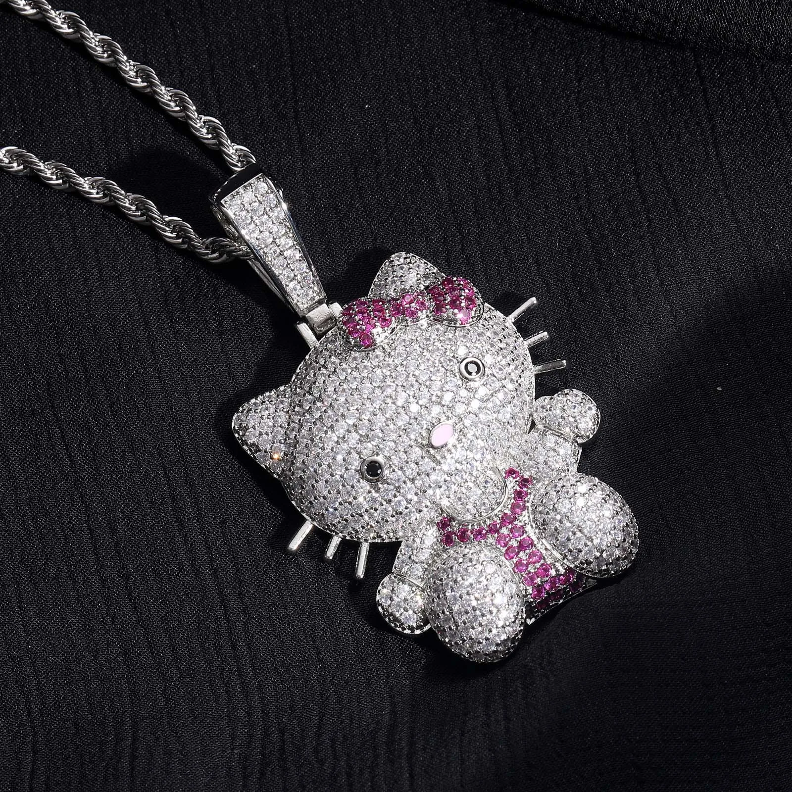 European American Micro Zircon Pendant Necklace New Hip Hop Trend with Cute Cartoon Cat for Men Women Silver Jewelry Accessory