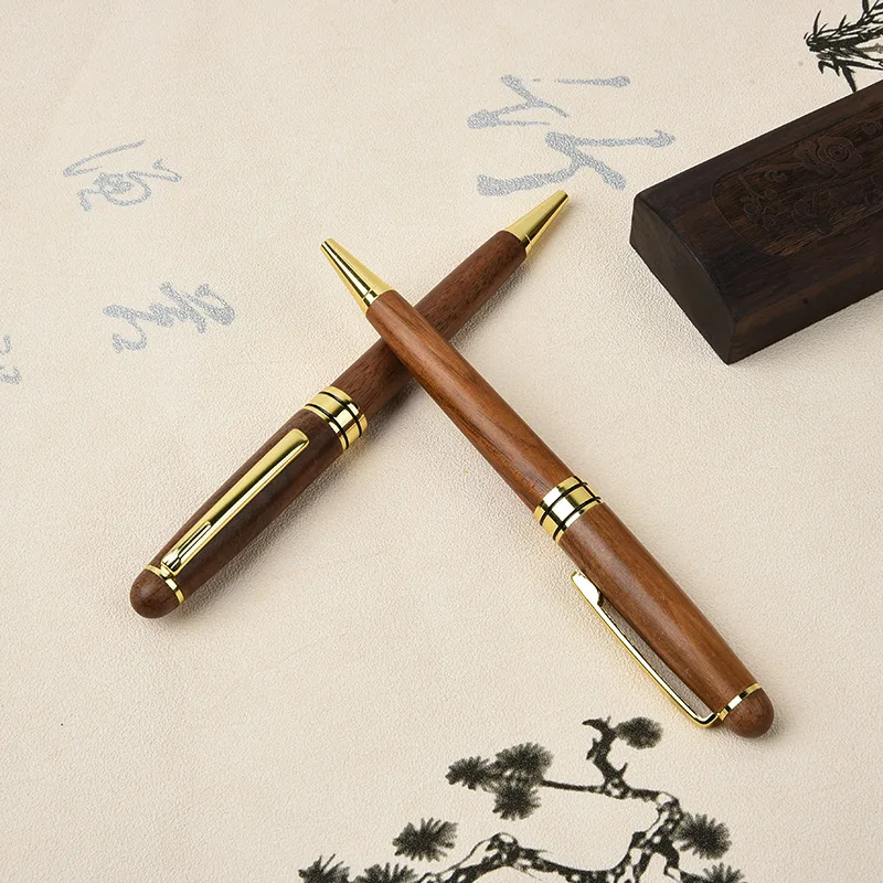 luxury Environmental Friendly Gift Twist Up Bamboo Stationery calligraphy Pen With Fishing Logo Walnut Wooden Ball Pen And Box