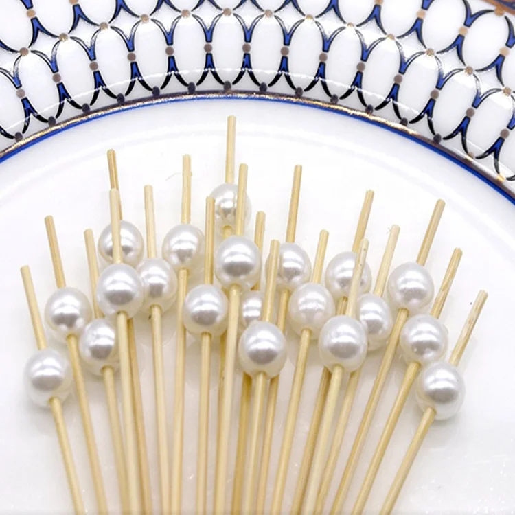Bamboo Appetizer Skewers Cocktail Picks Handmade Bamboo Cocktail Sticks for Appetizers Fruits Desserts (White Pearls)