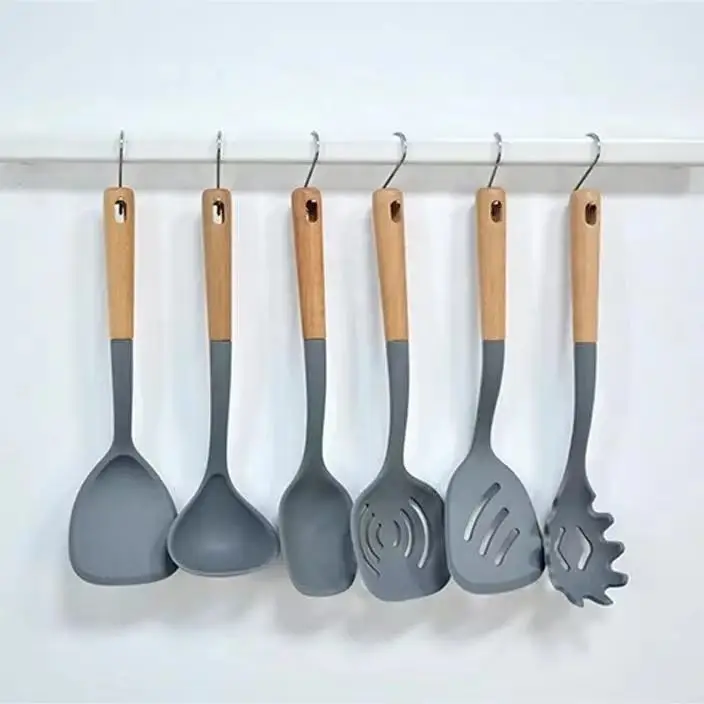 Hot Sale 6 Piece Cooking Tools Silicone Kitchen Utensils  Kitchen Utensils Set with Wooden Handles Cooking Tools set