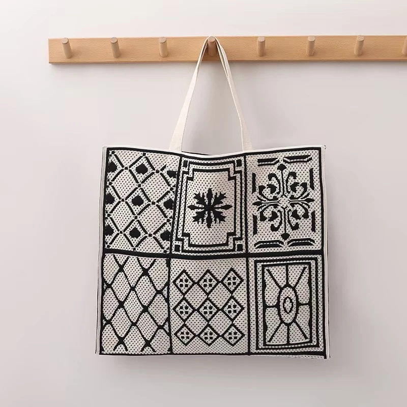 2024 Fashion Girls Stylish Knitted Handbag Large Capacity Poly Geometric Pattern Shopping Tote Bag