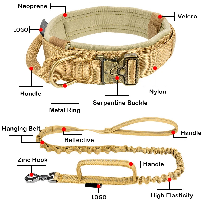 Custom Logo Printed Neoprene Padded Retractable Military Tactical Dog Collar Leash Set With