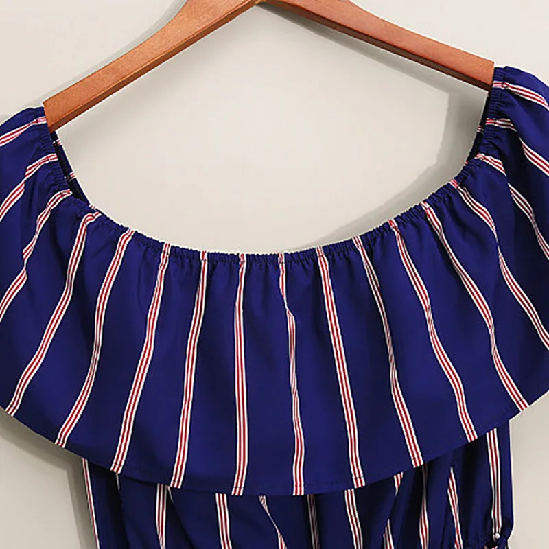 
2021 Boat Neck Vertical Blue Stripe High Waist Jumpsuit Casual Urban Plus Size Mommy And Me Outfits 