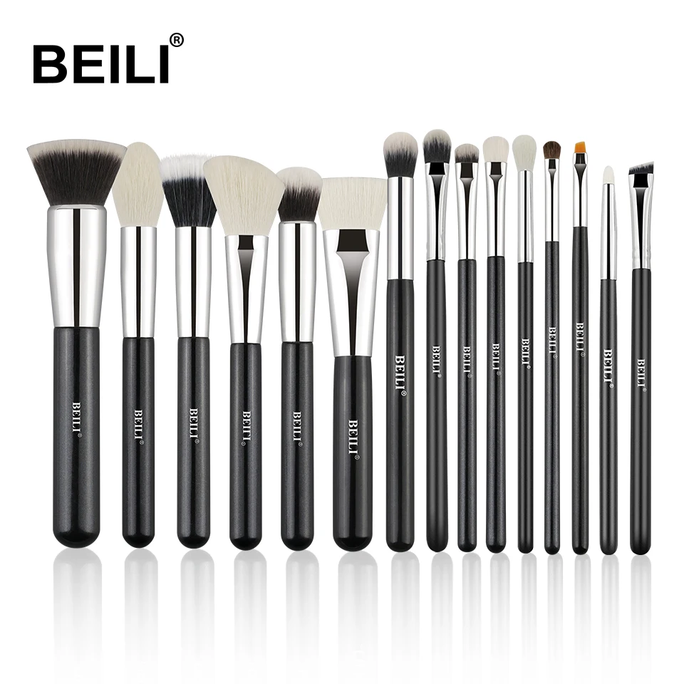 BEILI Brand Professional Cosmetic Makeup Brushes 15pcs Natural Goat Hair Black Makeup Brush Set Custom Logo