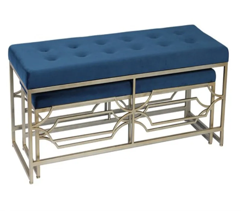 Bailey blue velvet bench metal frame chair with shoe rack