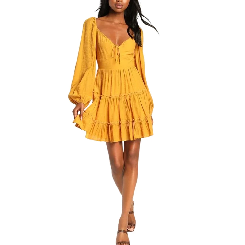 Tender Memories Yellow Tiered Ruffled Balloon Sleeve Mini dresses forwomen dress for ladies long sleeve dress