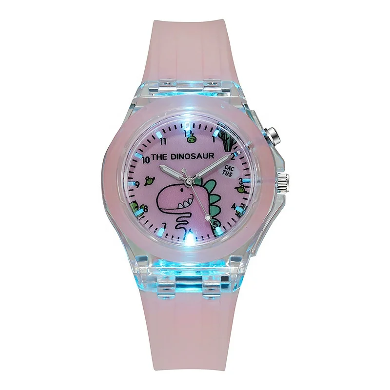 Fancy boys girls teenagers children kids cartoon dinosaur luminous watch cute pink blue silicone student wrist
