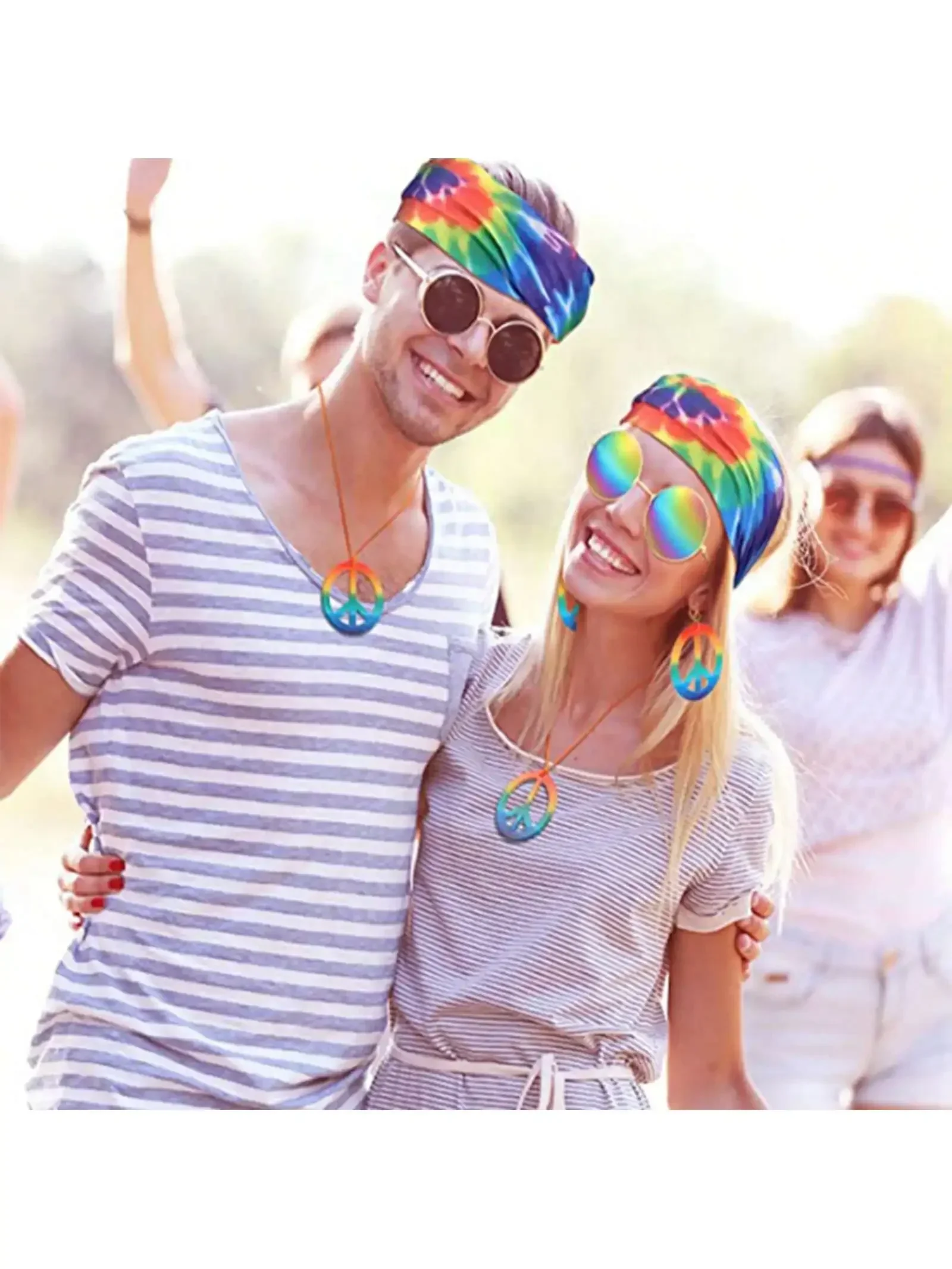Hippie Accessories Costume,70s Hippie Rainbow Leopard Outfit,Hippie Headbands for Men Peace Sign Necklace Sunglasses