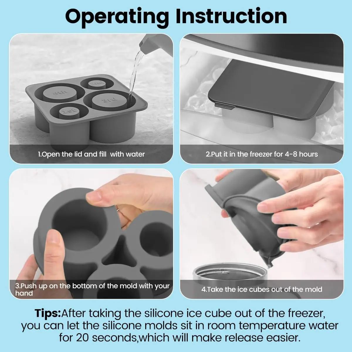 4 Pcs Silicone Hollow Cylinder Ice Cube Tray for Tumbler Cup 30oz 40oz Water Tumbler Bottle