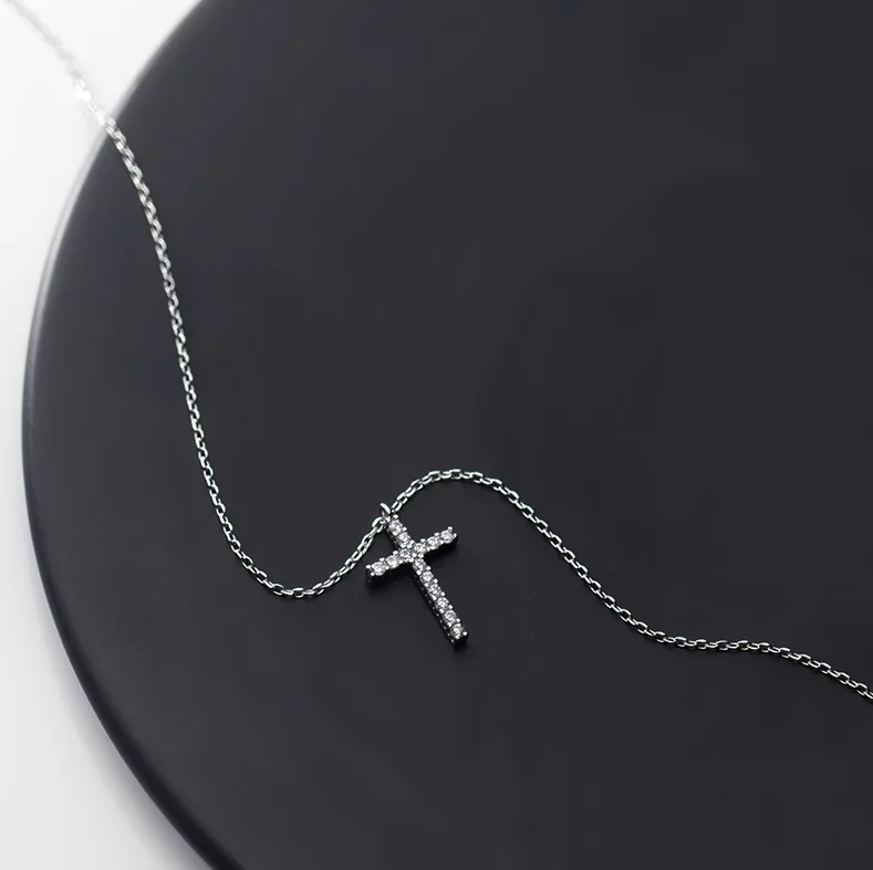 cruz de plata925 con collar 925 sterling silver pave CZ cross pendant necklace