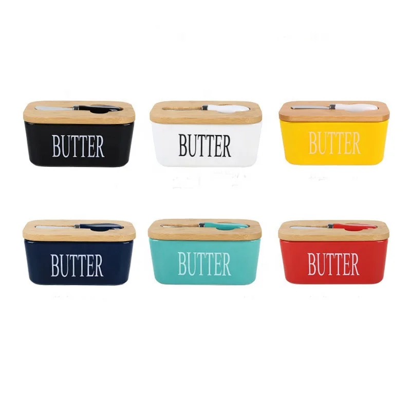 Butter Dish Butter Keeper Container&Knife With Bamboo Lid Ceramics Box Silicone Sealing Nordic Style Butter Dishes