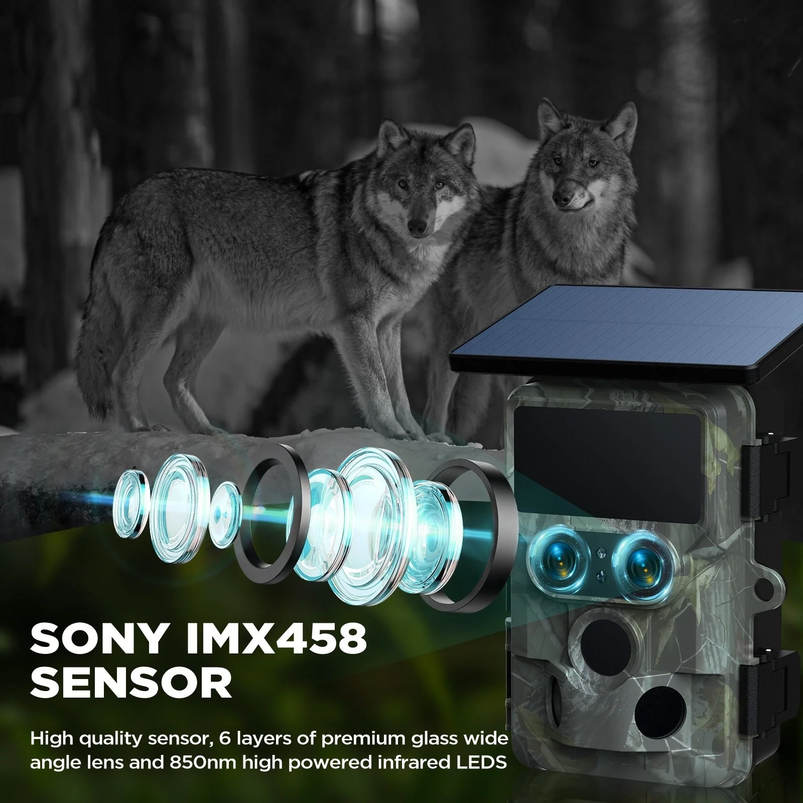 4K 48MP Solar Powered Wild Game Trail Camera Traps 13MP SONY Native Sensor 850nm LEDs 65ft Detection Range for Hunting