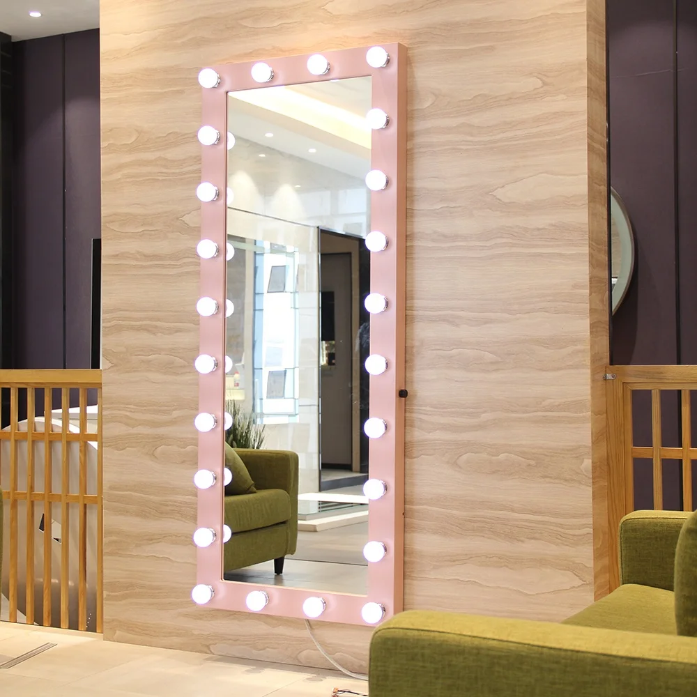 Pink Metal Framed Full Length Hollywood Mirror with LED Bulbs