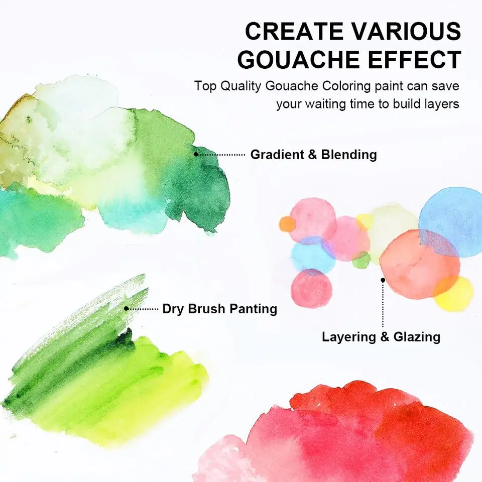 Colorful Gouache color paint set of 12 color 12ml with palette and brushes