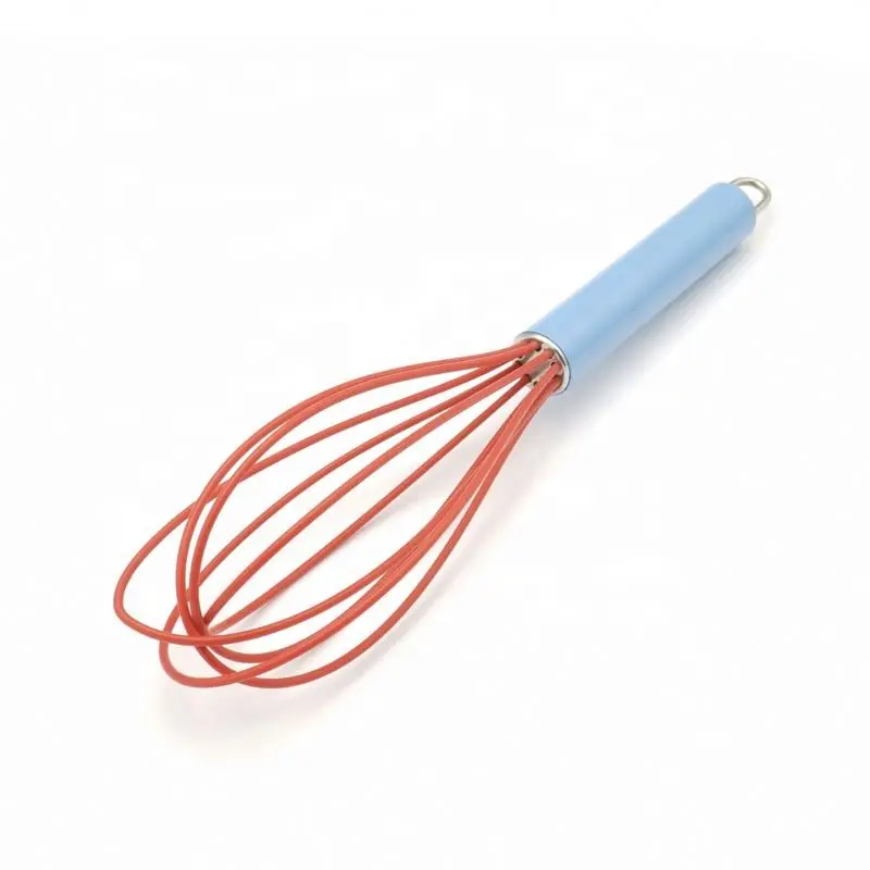 Five Wires Practical Red Silicone Head and Sky Blue Handle Whisk for Family Kitchen