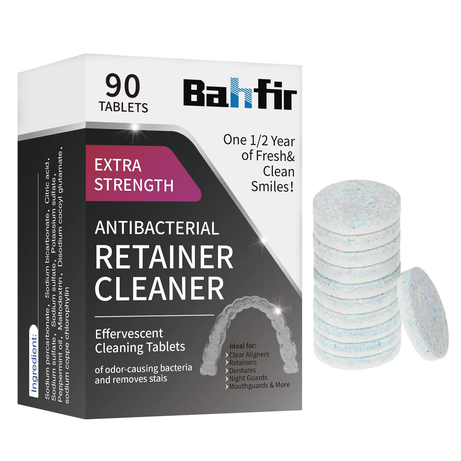 90 pieces 3 months supply mint flavor denture cleaning tablet for tooth whitening and odor removal