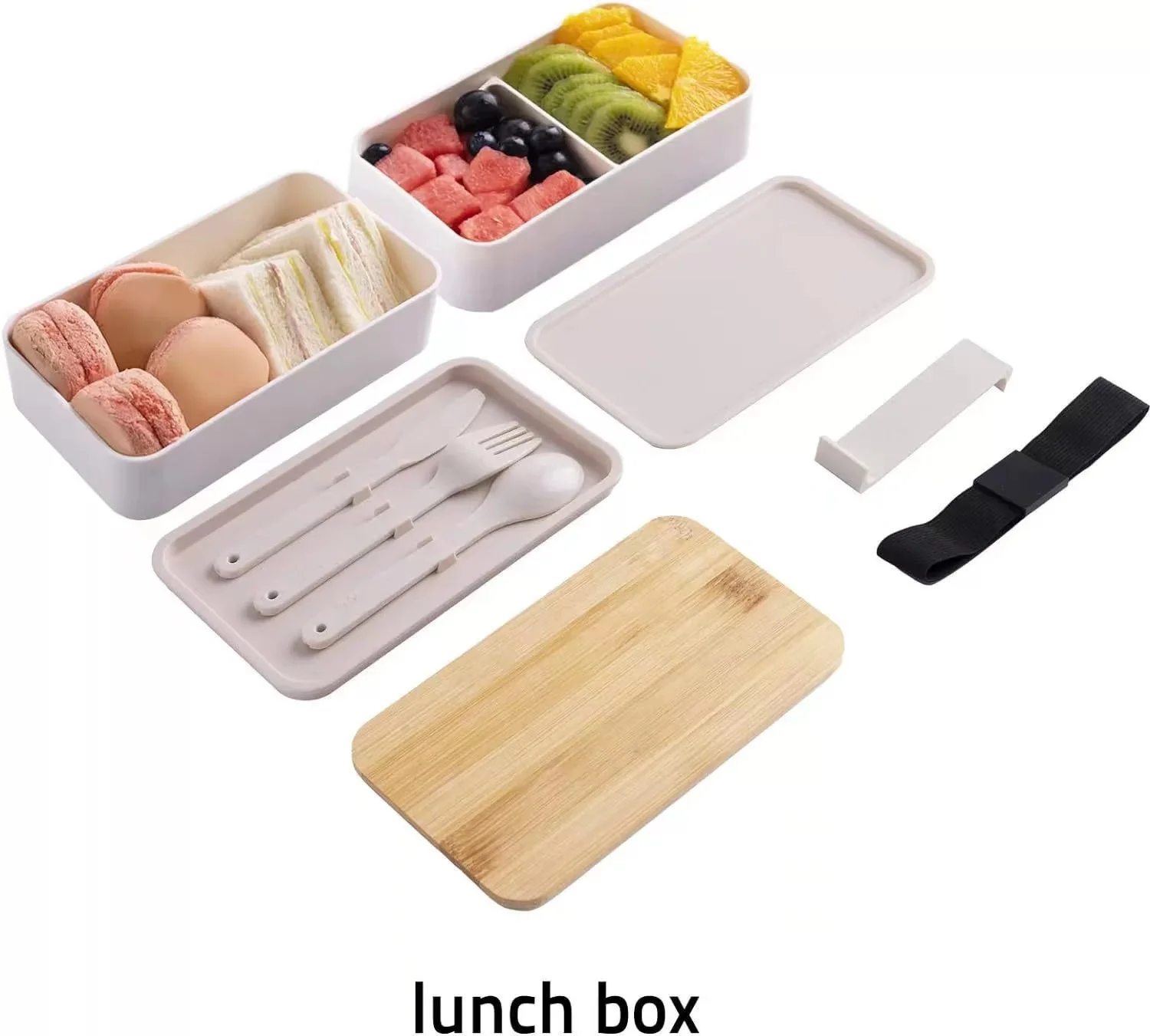 Plastic portable 2-layer stacked bento box with wooden lid and cutlery set 1200ml