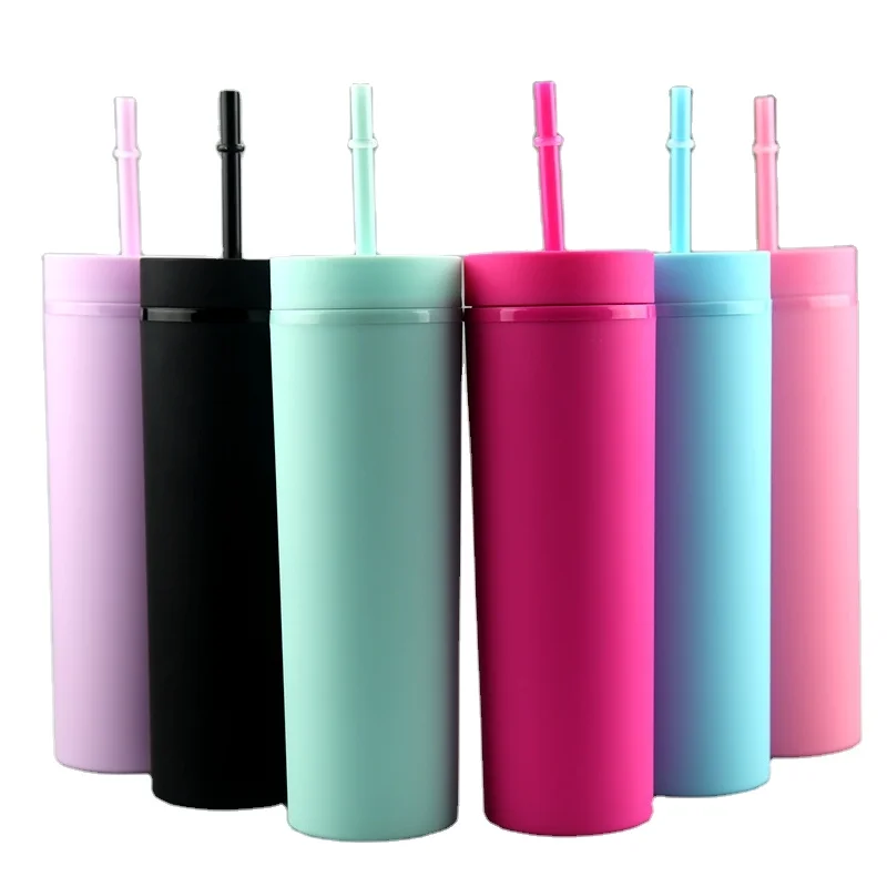 Food Grade Cheap Durable Water Double Walled Plastic Tumbler With Straw