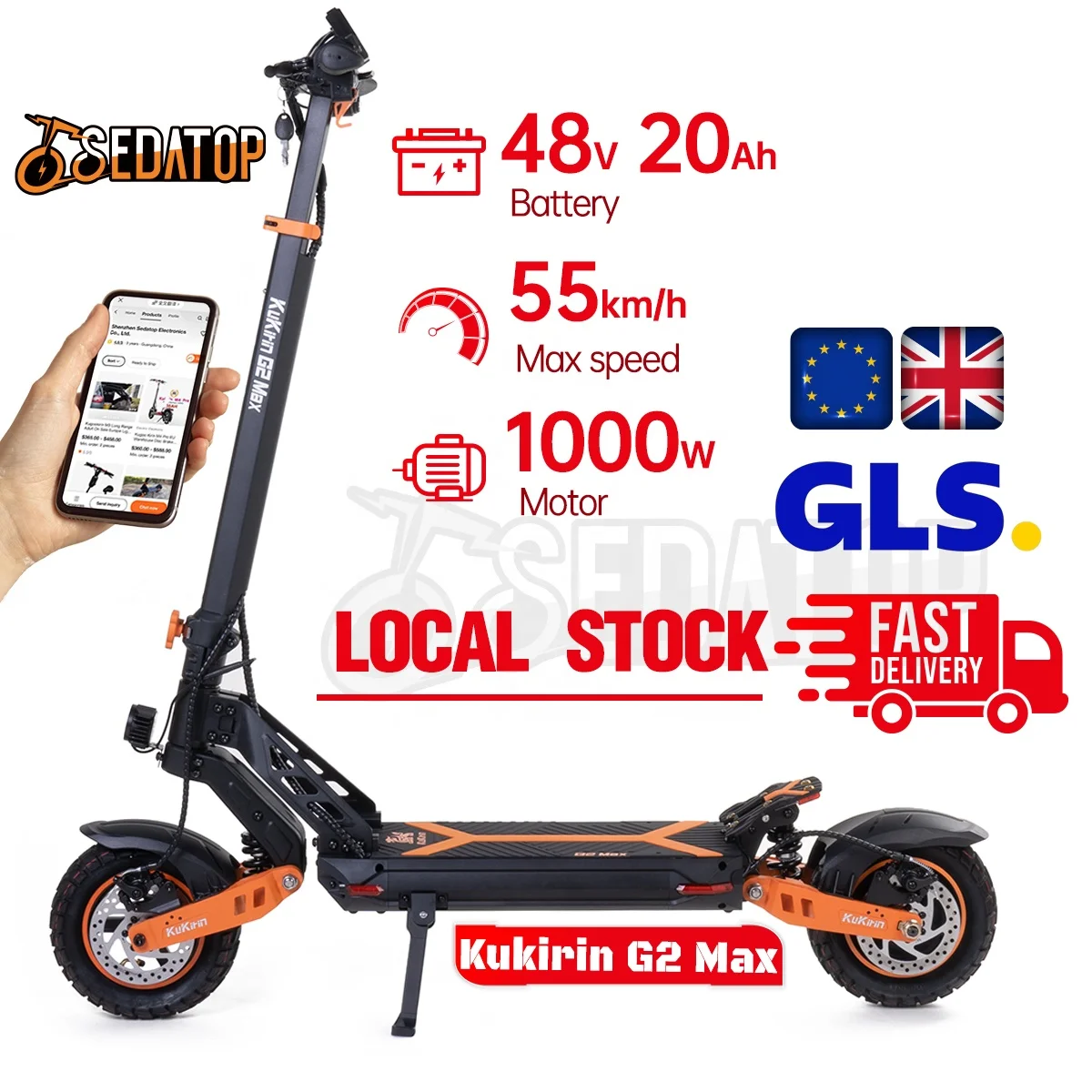 Sample Available Kukirin 2024 New G2max Oed/oem 10 Inch 1000w 48v 20ah With 80km Long Range Off-road Electric Scooter