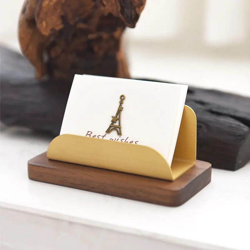 Wooden Business Card Holder Desktop Solid Brass Picture Stand Case with Wood Base Card Display Stand Business Card Display