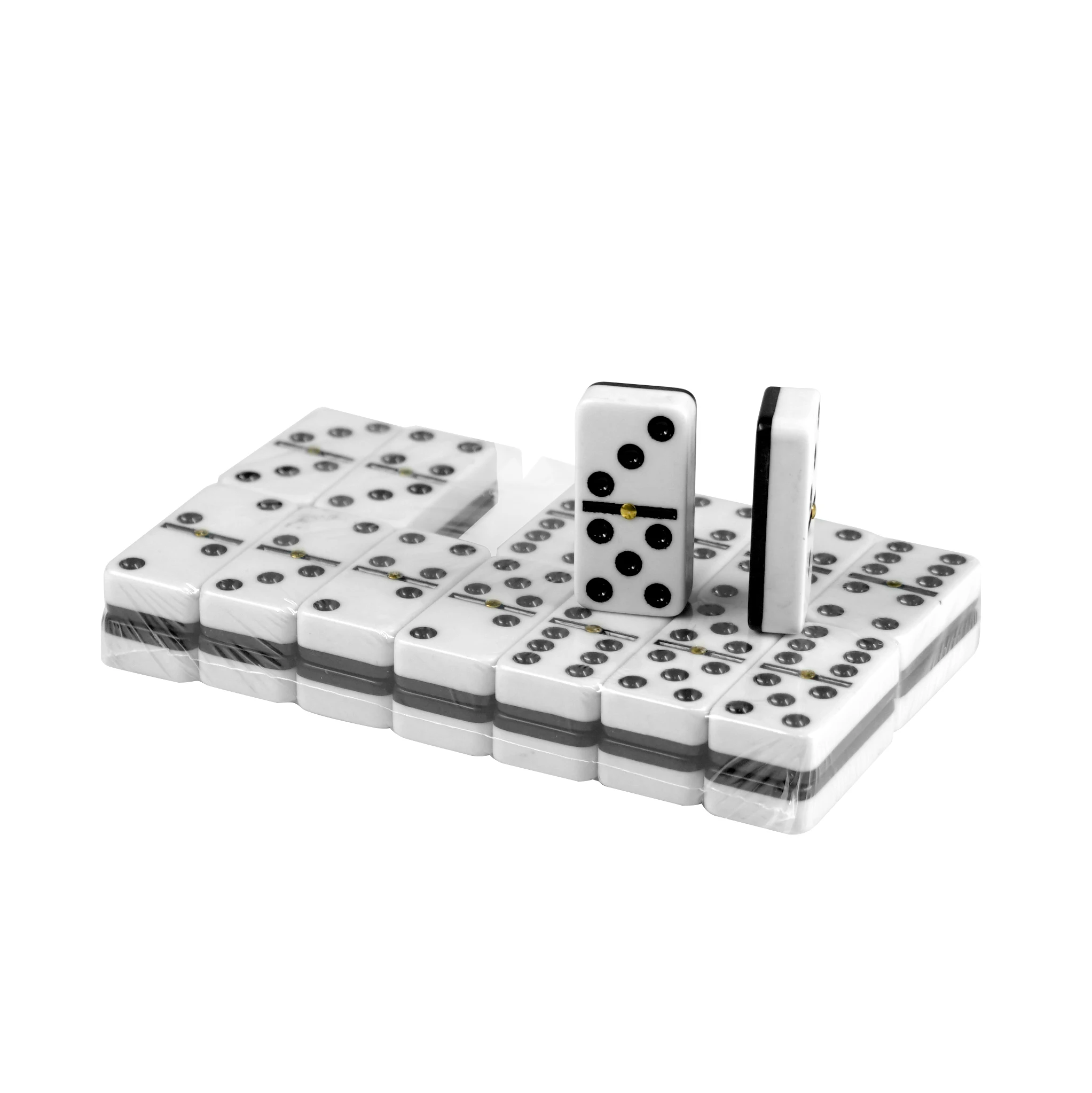 Black and White Two-layered Acrylic Domino Set with Black Dots and Metal Spinner Iron Case Packaging 28pcs Dominoes Block