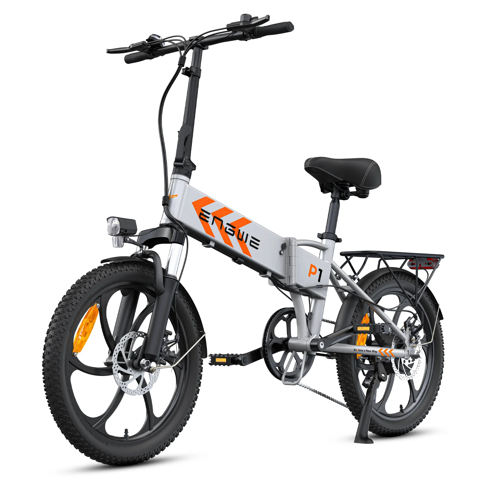 ENGWE P1  Silver Folding Electric Bike 20*2.3 inch Wide Tires 250W Motor 36V 13Ah Battery 25km/h,Dual Disc Brake Shimano 7 Gears