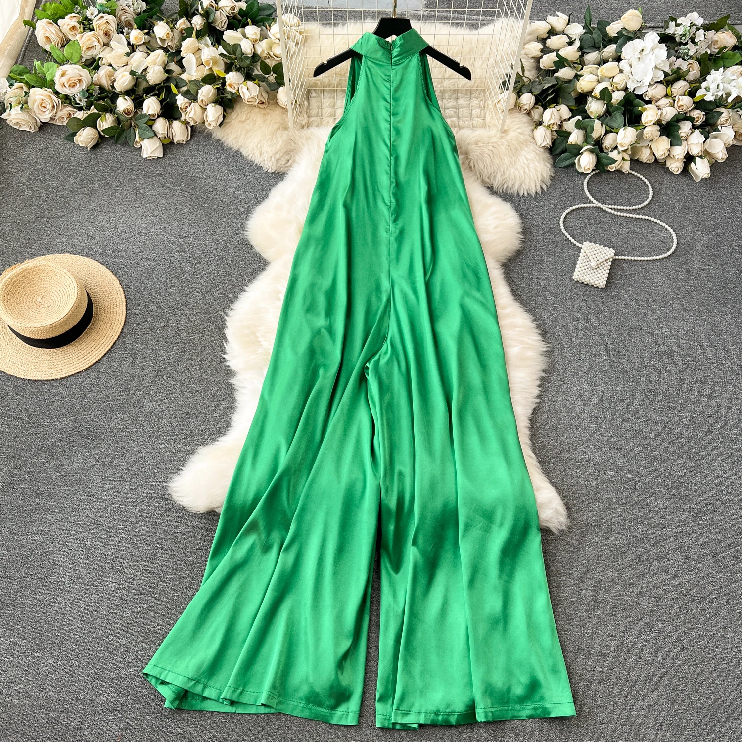 Plus Size Elegant Halter Jumpsuit For Women High Waist Silk Long Jumpsuit Ladies Elegant Overalls Wholesale
