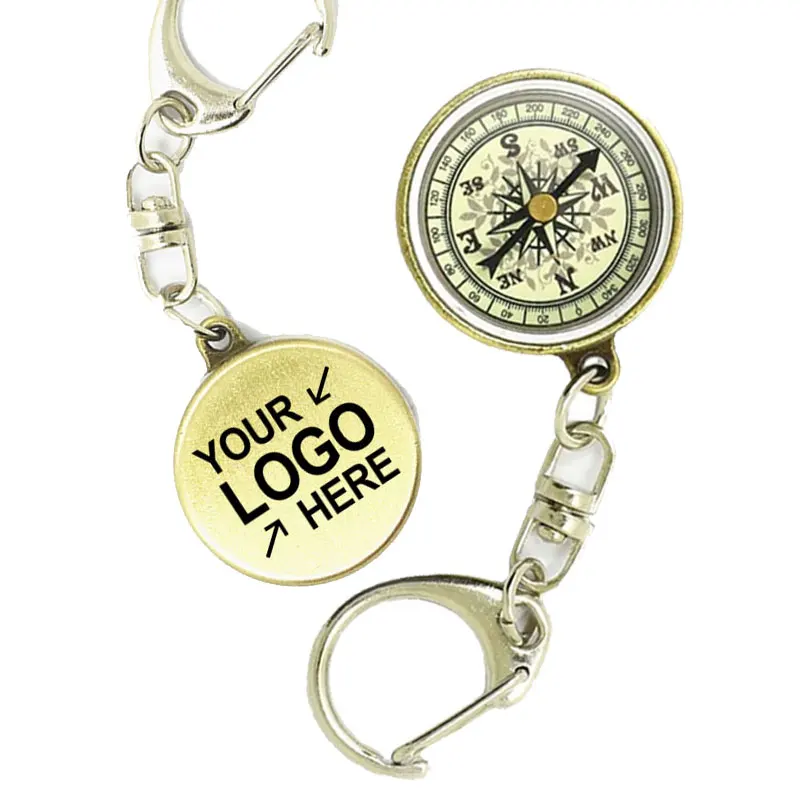 Custom Keychain Compass With Logo Factory Wholesale Vintage Zinc Alloy Metal Compass With Chain