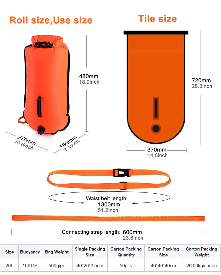 Custom Waterproof Floating Swim Air Bag Buoy Open Water TPU PVC Inflatable Safety Life Swim Buoy Dry Bag Swimming Buoy