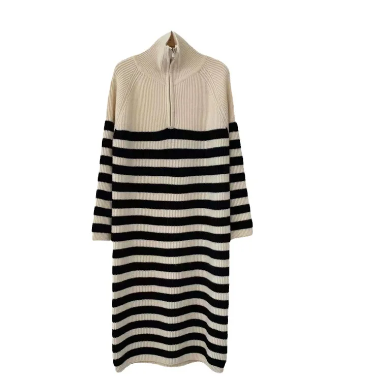 Striped Midi Length Pullover Dress Casual Women Long Sleeve Zipper Knitted Dress