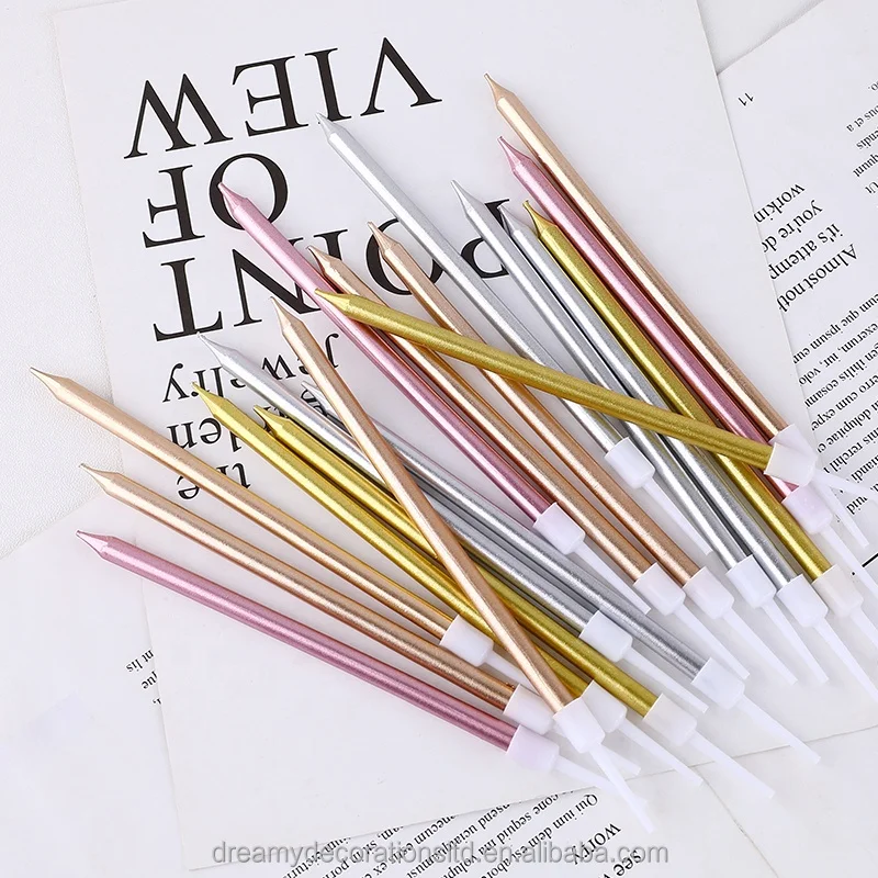 6PCS Stylish Long Thin Cake Metallic Birthday Candles in Holders for Birthday Cakes