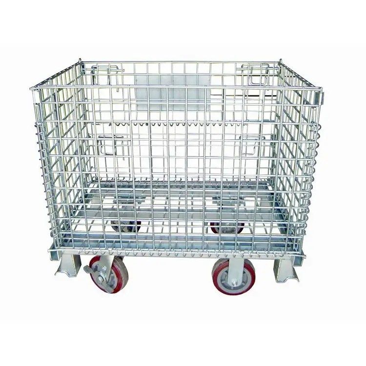 Industrial Bulk Roll Stacking Container Galvanized Mesh Wire China Foldable Durable Metal Storage Cages With Wheels