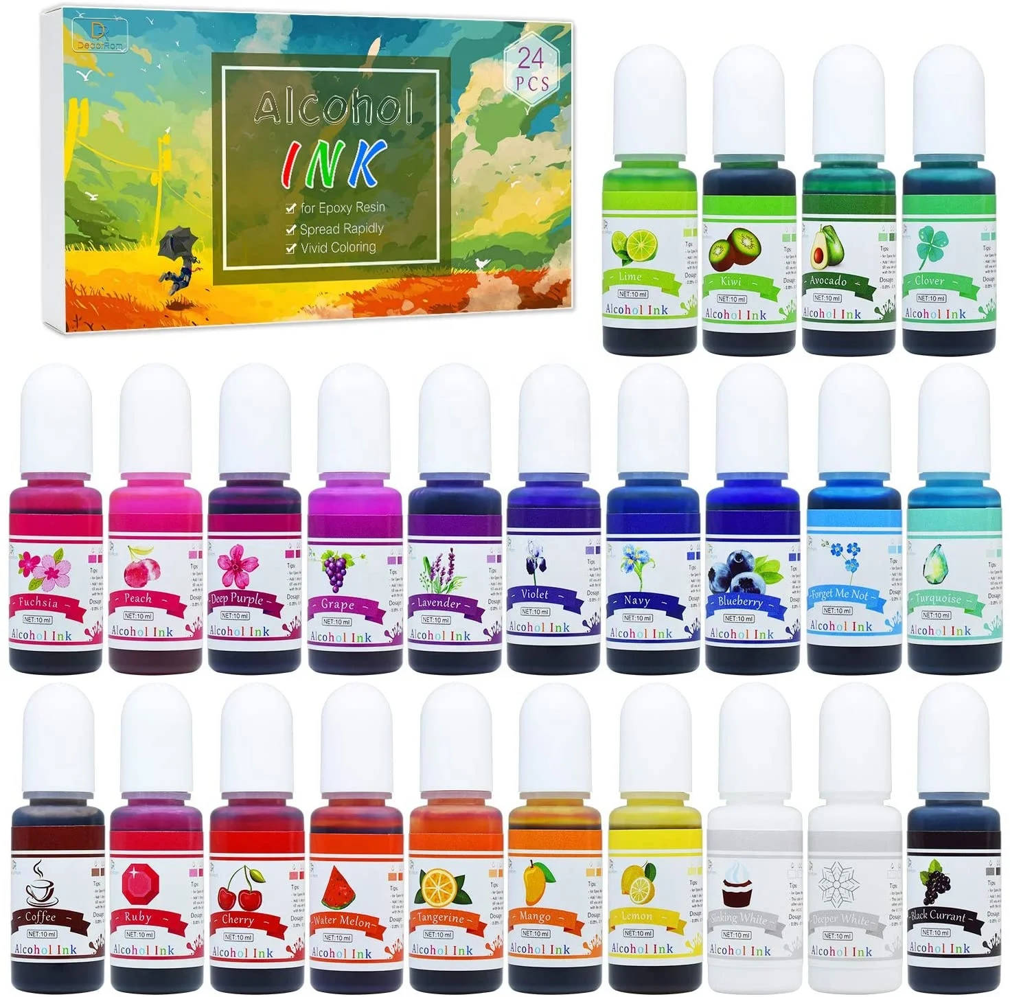 Color Dye Resin Art Alcohol Ink Set 24 Vibrant Colors Alcohol-based Ink for Resin Petri Dish Making Tumbler