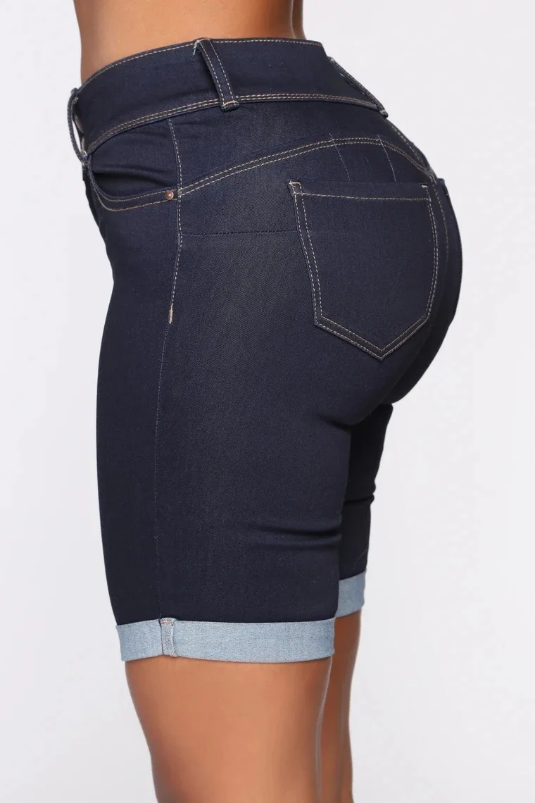 Europe And United States Summer Short Jeans Women Roll Up Cuffs Dark Blue Denim Bermuda Shorts Denim