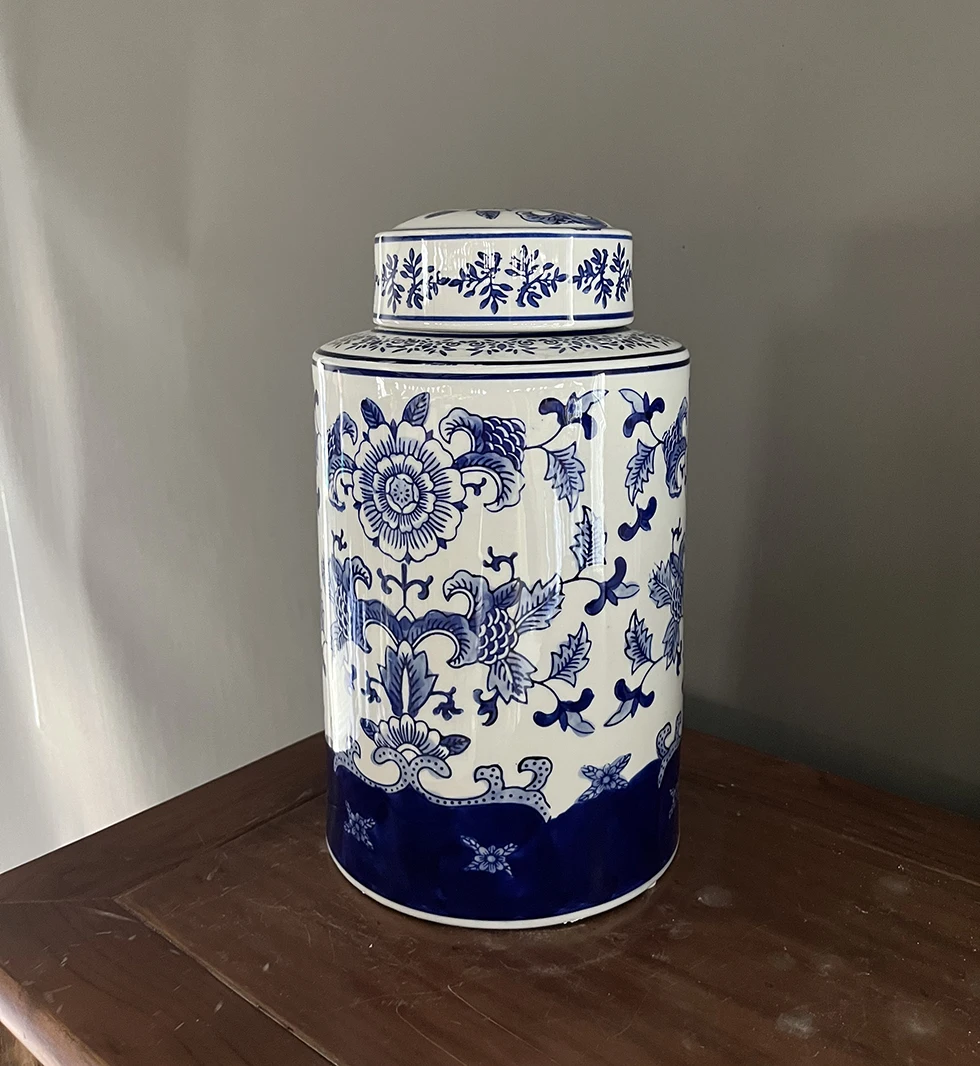 Porcelain Ginger Jar with Blue and White Peony Design a Dutch Delft Baluster Vase Cover