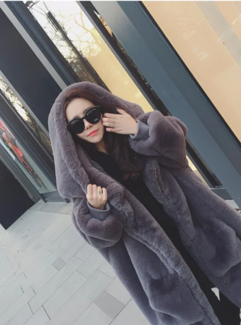 
Winter Warm hooded Large size Medium length Solid color Fur & Faux Fur Women 2019 New Casual Long sleeve Women Fur coat 