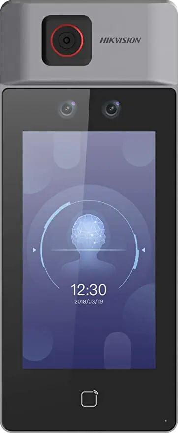 Hikvision DS-K1T671TM-3XF face recognition terminal access control device integrated with temperature screening function.