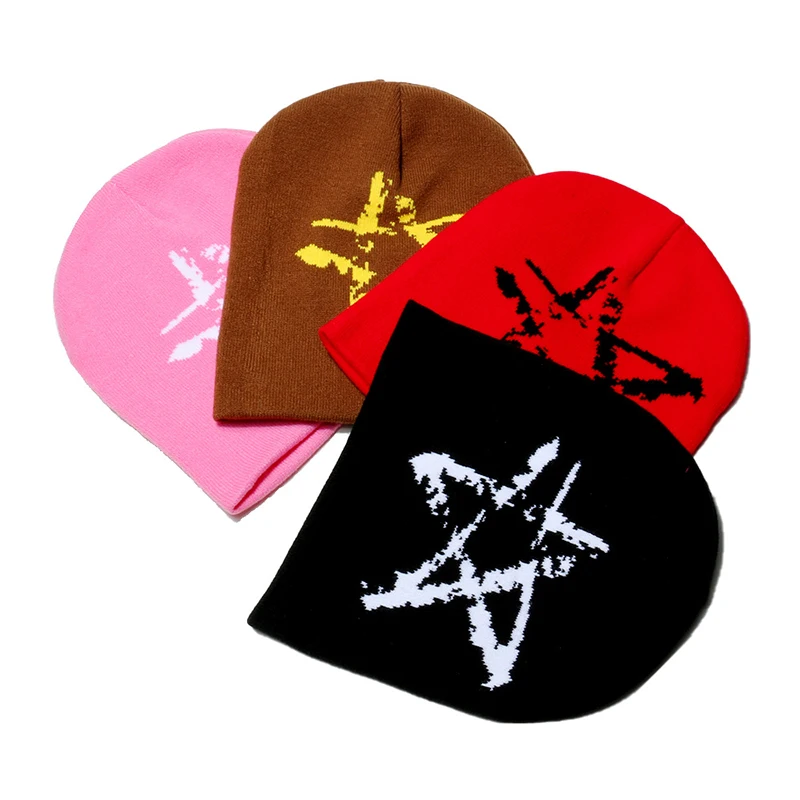 Landfond accessory solid color beanie with color matching star jacquard knitted winter warm beanie hat