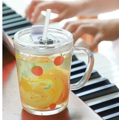 Cute Breakfast Milk Powder Cup With Scale Cartoon Glass Mug With Lid Handle Measuring Pipette Kid Milk Cup Microwaveab