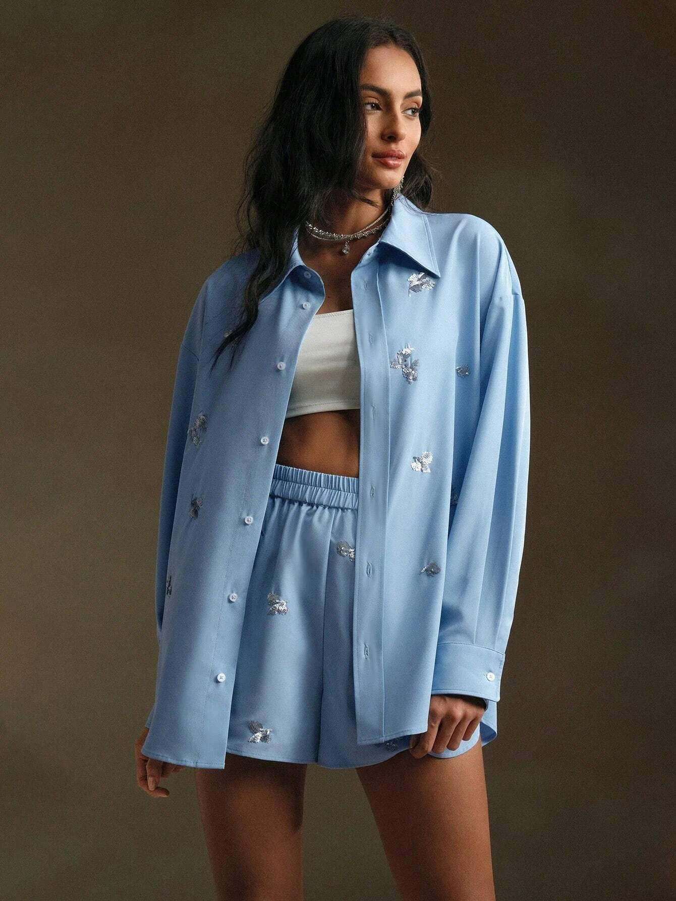 Custom Modern City Style Casual Solid Shirt Set Fashion Over-sized Pajamas Suit Button Up Shirt and Shorts Beaded Set