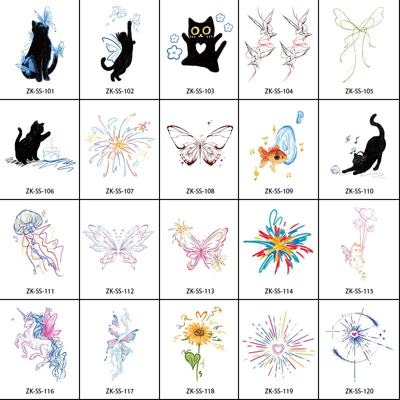 New Colorful Fireworks Cat Butterfly Fresh Tattoo Stickers for Girls Temporary Tattoo Stickers for Arms and Fingers